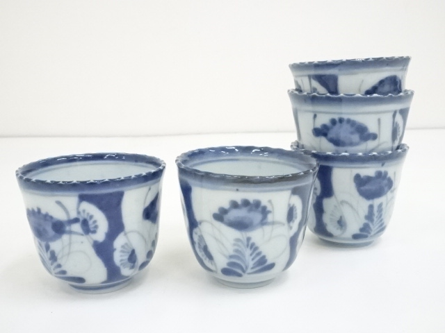 JAPANESE PORCELAIN / TEACUP SET OF 5 / IMARI WARE / UNDERGLAZE BLUE / MEIJI ERA